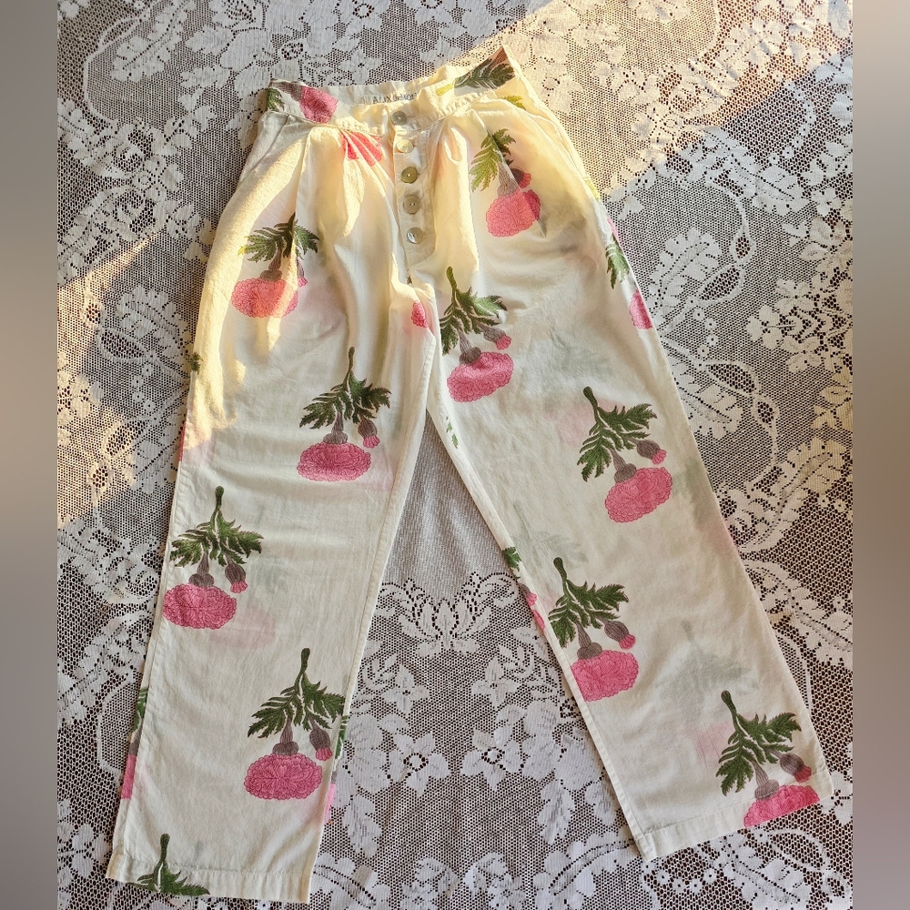 Alix Of Bohemia Cotton Printed Poppies Straight Leg Abalone Buttons Size XS